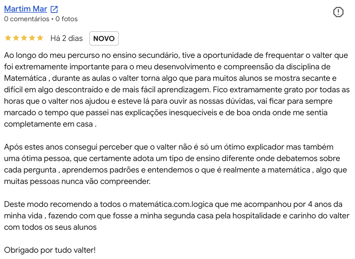 Avaliacao Google 5 estrelas de Martim Mar: quatro anos de explicacoes que se tornaram a sua segunda casa.